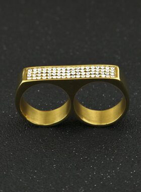 古萌饰品摇滚嘻哈夜店镶钻戒指欧美嘻哈双孔不锈钢镶钻士戒指