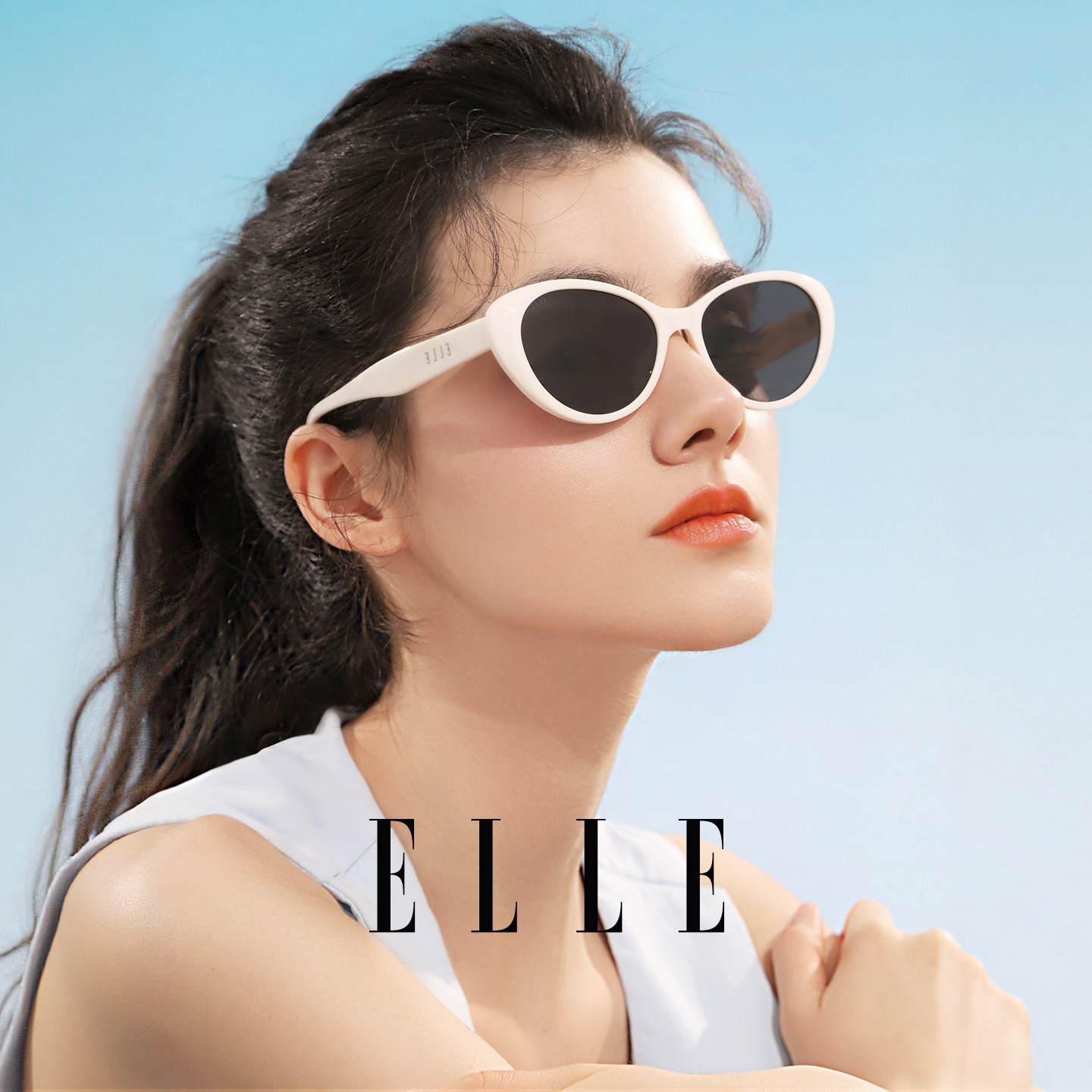 ELLE高级感猫眼白框墨镜女款防紫外线UV400遮阳防晒太阳眼镜3001