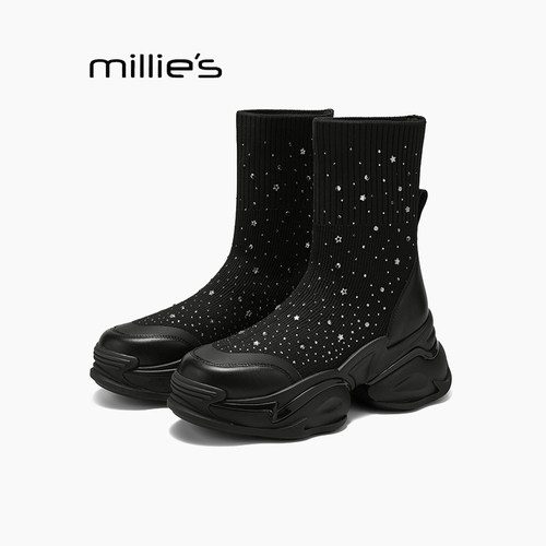 MILLIE'S/妙丽内增高跟马丁靴女鞋爆弹力袜子靴厚底小个子短靴女Q - 图1