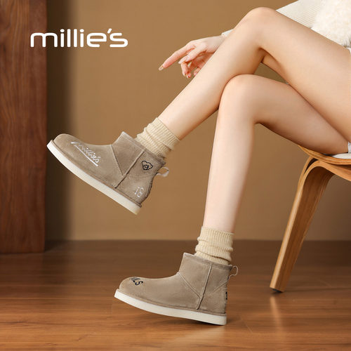 MILLIE'S/妙丽2025新款加绒保暖雪地靴女厚底防滑短靴毛绒靴Q - 图0