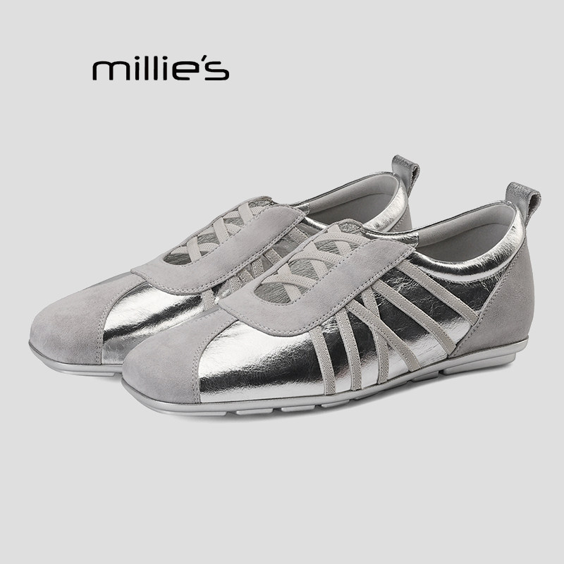 MILLIE'S/妙丽银色芭蕾风交叉绑带德训鞋女款平底休闲运动鞋单鞋Q,淘宝优惠券,粉丝福利购,淘宝优惠卷