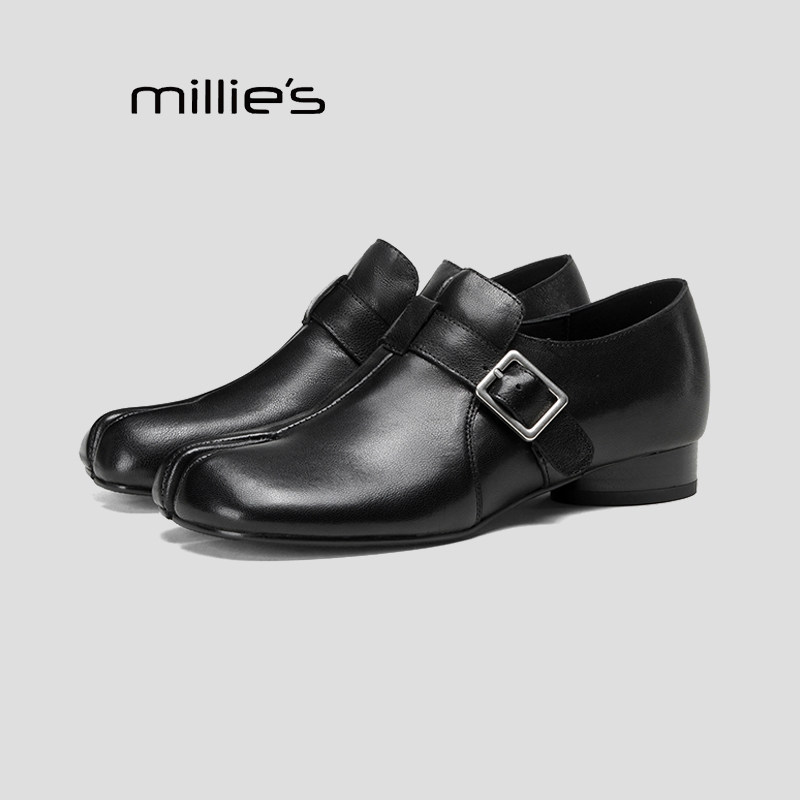 MILLIE'S/妙丽复古气质单鞋女2025新款粗跟一脚蹬软皮小皮鞋HZ,淘宝优惠券,粉丝福利购,淘宝优惠卷