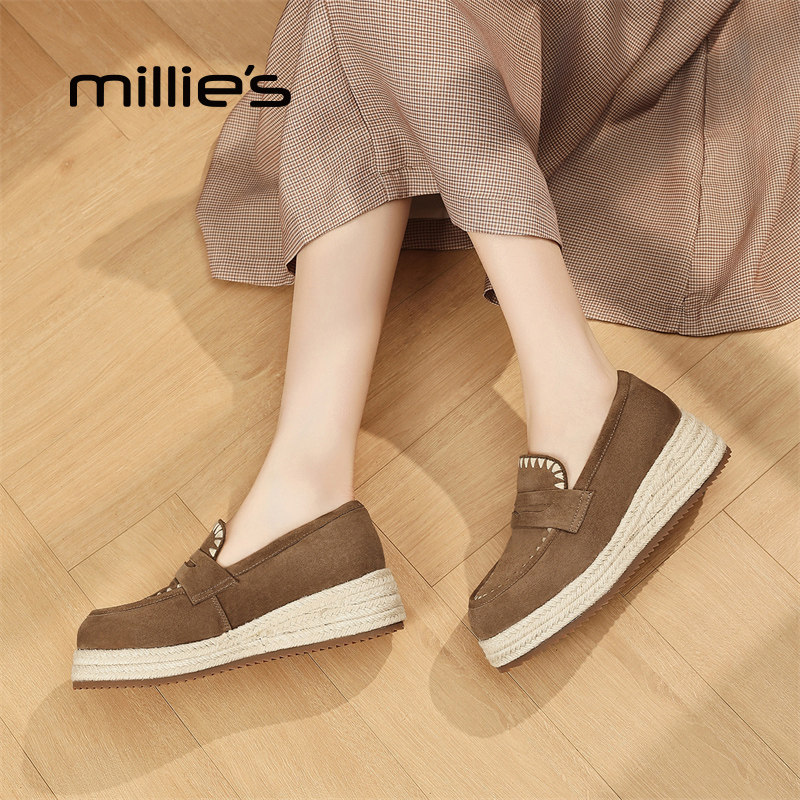 MILLIE'S/妙丽增高休闲百搭单鞋2026新款春时尚真皮厚底乐福鞋女Z,淘宝优惠券,粉丝福利购,淘宝优惠卷