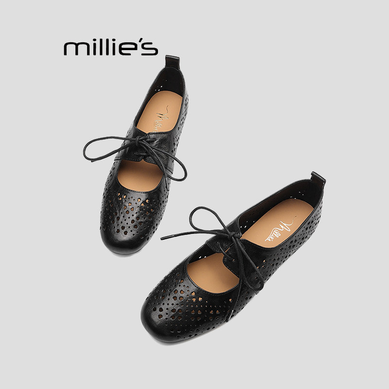 MILLIE'S/妙丽法式镂空透气系带深口单鞋女春款真皮内增高小皮鞋Q,淘宝优惠券,粉丝福利购,淘宝优惠卷