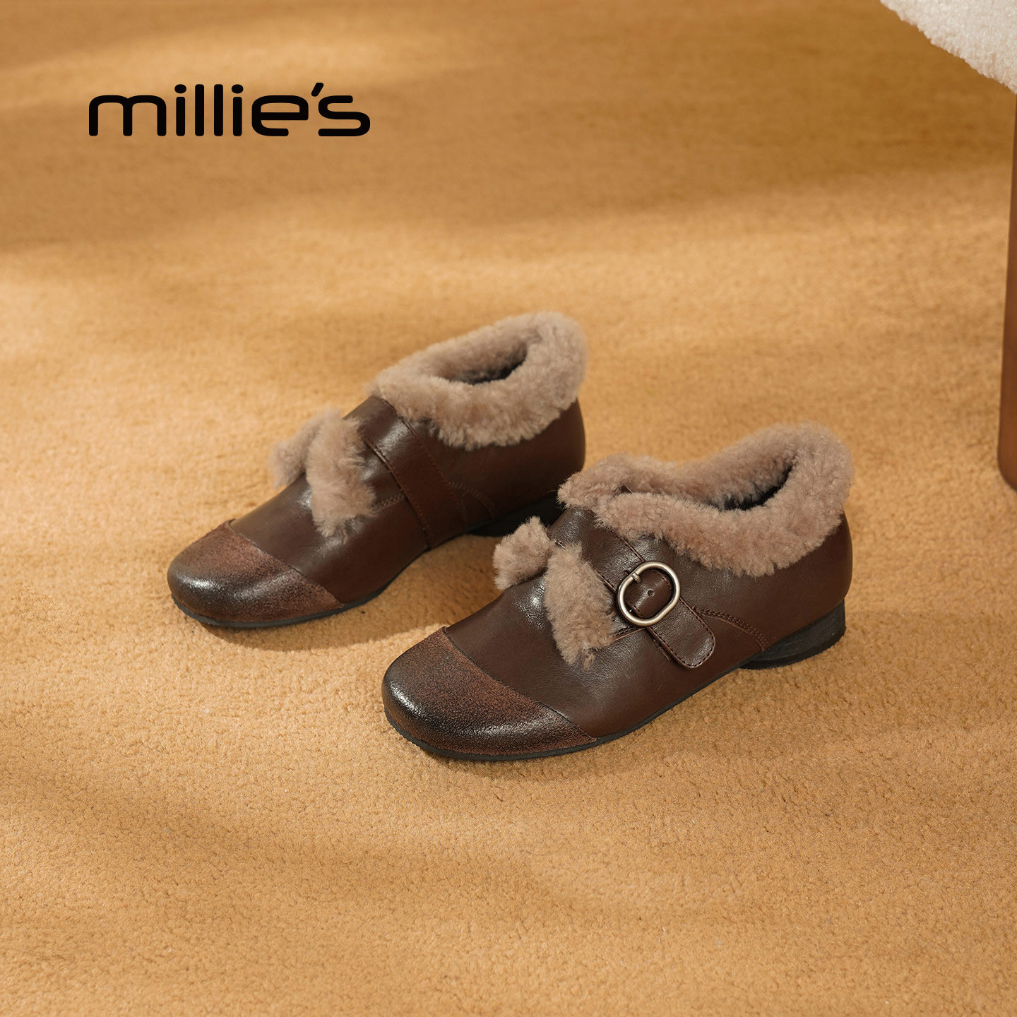 MILLIE'S/妙丽加绒休闲乐福鞋女冬季保暖皮带扣毛毛鞋加棉棉鞋Z,淘宝优惠券,粉丝福利购,淘宝优惠卷