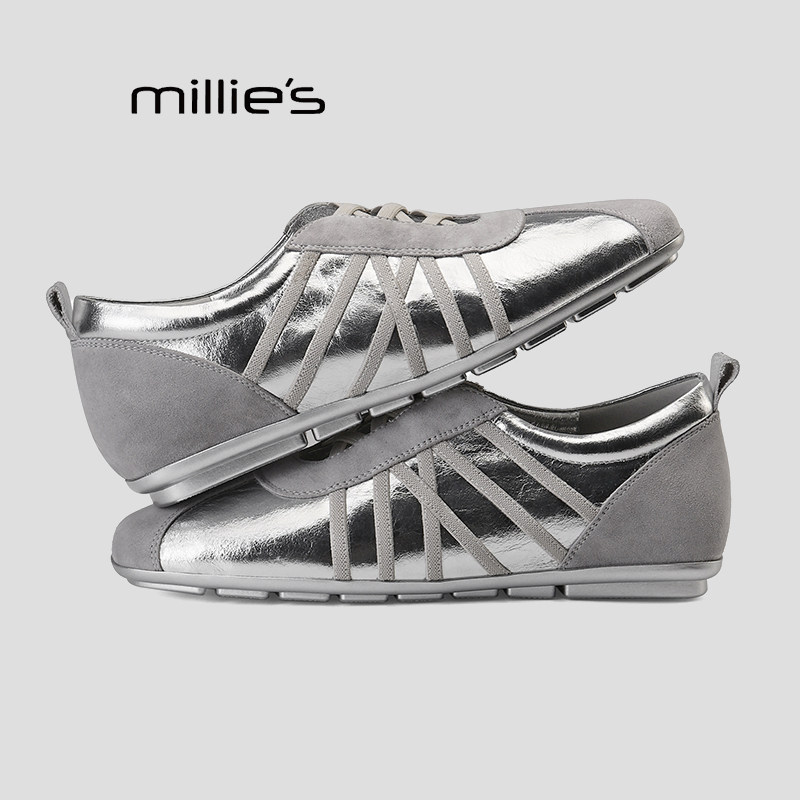 MILLIE'S/妙丽银色芭蕾风交叉绑带德训鞋女款平底休闲运动鞋单鞋Q,淘宝优惠券,粉丝福利购,淘宝优惠卷