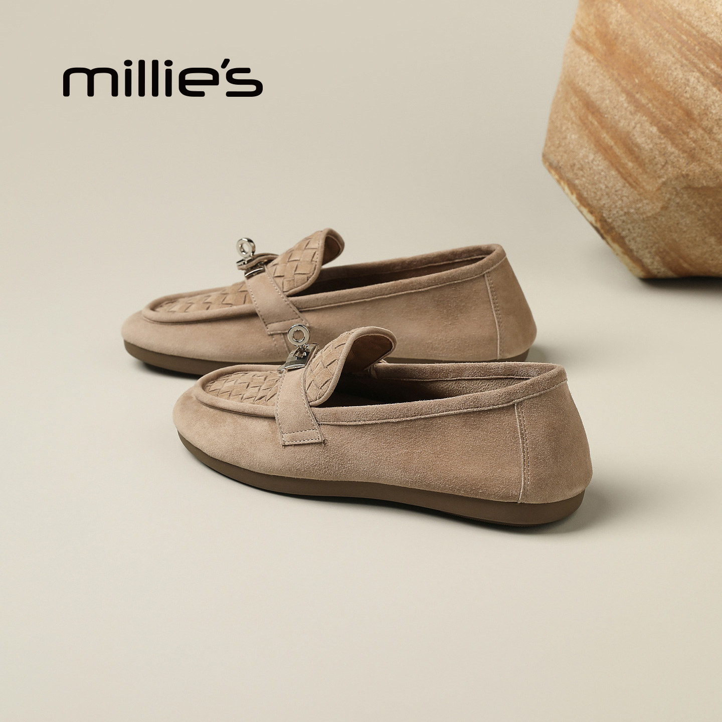 MILLIE'S/妙丽复古风反绒乐福鞋女2025新款流苏一脚蹬老爹鞋Q,淘宝优惠券,粉丝福利购,淘宝优惠卷