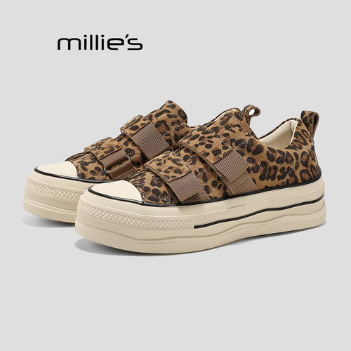 MILLIE'S/妙丽一脚蹬帆布鞋女夏季薄款透气豹纹松紧带休闲板鞋P - 图0