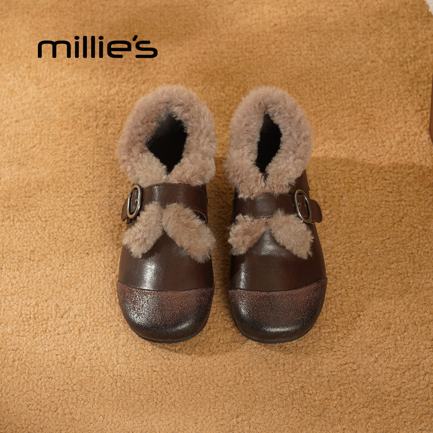 MILLIE'S/妙丽加绒休闲乐福鞋女冬季保暖皮带扣毛毛鞋加棉棉鞋Z,淘宝优惠券,粉丝福利购,淘宝优惠卷