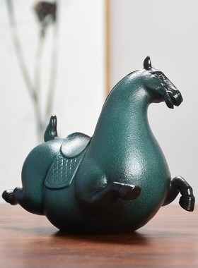 陶瓷唐马摆件个性窑变蓝红灰小马办公室客厅书房送礼家居装饰品