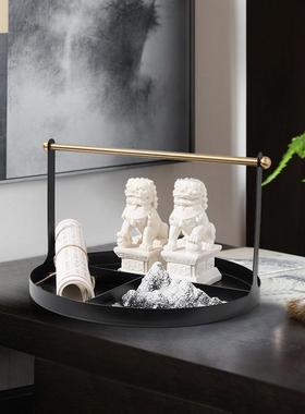 新中式狮子香炉套装组合圆形托盘摆件书房样板间飘窗茶室桌装饰品