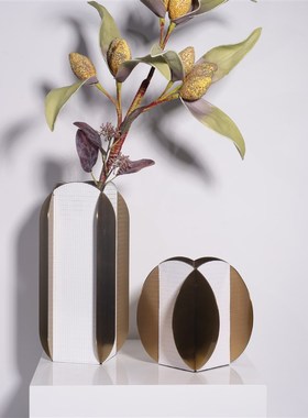 新款轻奢软装饰品大理石皮革干花花器客厅样板间名宿工作室装饰品