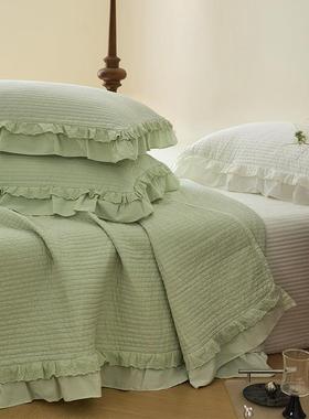 韩风高温砂洗绗缝夹棉花边纯色床盖三件套双面全棉榻榻米炕盖床单