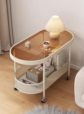 奶油风茶几简约沙发小户型椭圆边几客厅小桌子卧室玻璃移动小推车