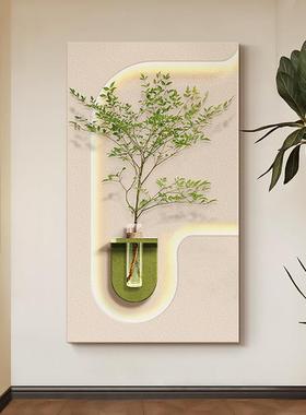 奶油风客厅装饰画创意水培绿植灯光画高档玄关挂画入户正对门壁画