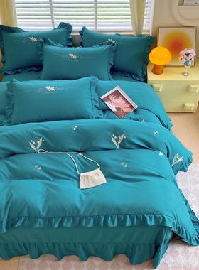 公主款花边纯色绣花四件套韩式刺绣套件小碎花四季款床单被代透气