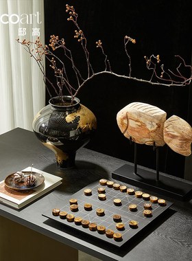 邸高家居 新中式酒店大堂玄关桌面艺术花瓶插花摆件 贴金小足花器