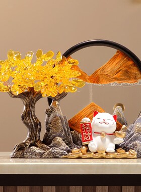 新中式发财树招财猫流沙画摆件办公室客厅玄关电视柜装饰开业礼物