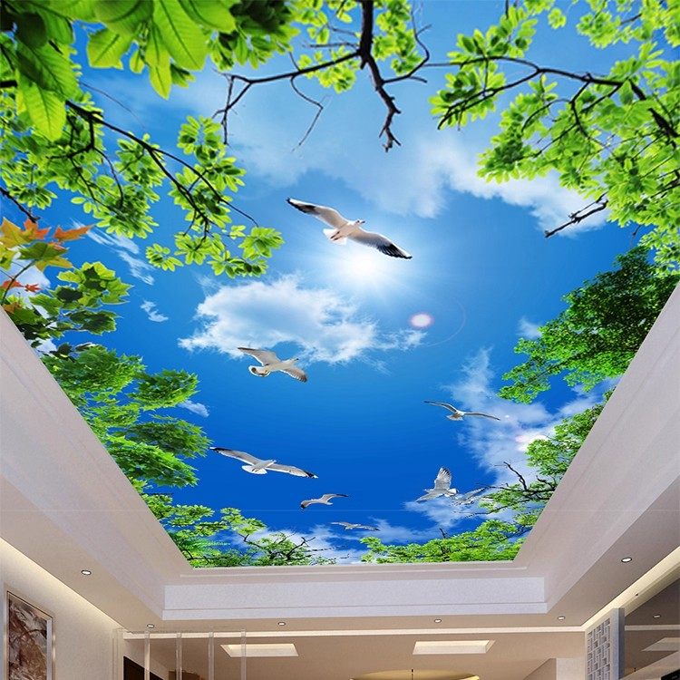 天花板吊顶壁布蓝天白云大树棚顶壁画绿色风景3d空间延伸屋顶墙纸,淘宝优惠券,粉丝福利购,淘宝优惠卷
