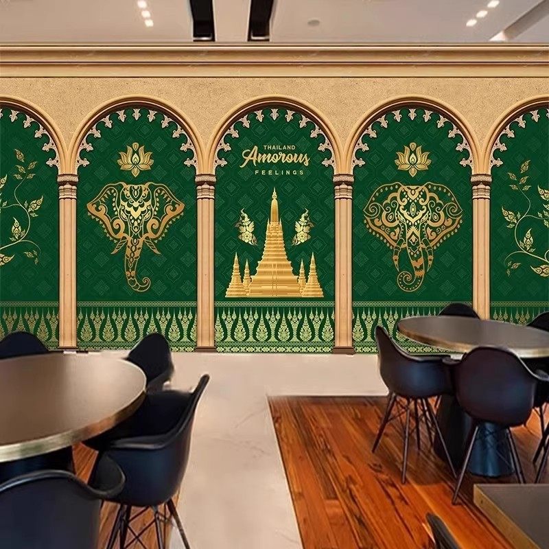 东南亚风情装饰壁纸傣族墙纸泰国奶茶店背景墙装修泰式按摩店壁画,淘宝优惠券,粉丝福利购,淘宝优惠卷