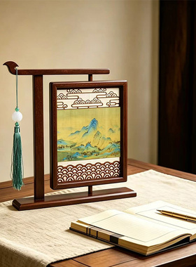 中国风客厅玄关复古山水画茶室书房摆件工艺品茶室相框旋转摆台画