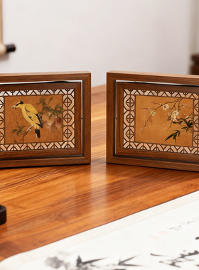 复古木质花卉装饰画摆件客厅书房桌面工艺品装饰品茶室博古架摆台