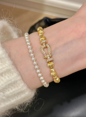 法式复古镶钻猫眼马蹄扣手链