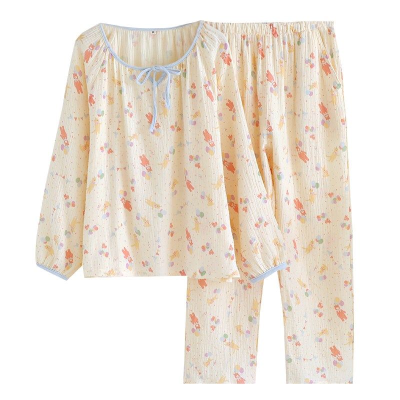 甜美卡通睡衣女纯棉纱布春秋夏季长袖可爱家居服套装圆领套头薄款,淘宝优惠券,粉丝福利购,淘宝优惠卷