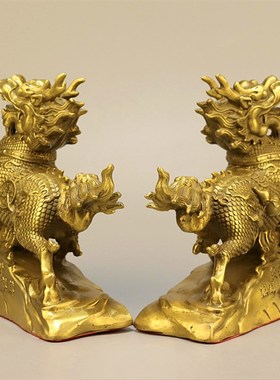 新纯铜招财纳福麒麟一对聚宝盆葫芦飞天祥云麒麟中式家居镇宅摆件