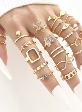 冷淡风不规则链条珍珠戒s指女小众设计复古法式食指戒套装开口指