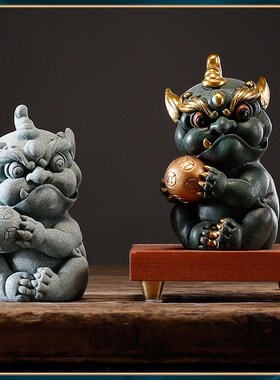 碌心 青砂石貔貅持宝抱球 国潮逗兽记 鱼缸造景装饰
