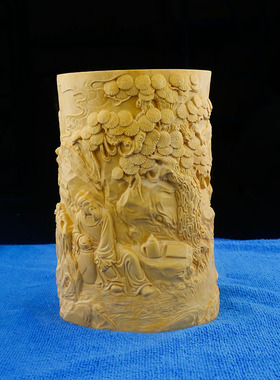 小叶黄杨木雕刻节节升竹子笔筒动物生肖牛办公室书桌工艺品