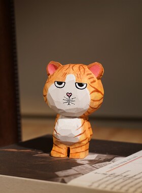 呆萌老虎猫手工木雕小摆件公仔可爱木质雕刻治愈系卡通书桌装饰品