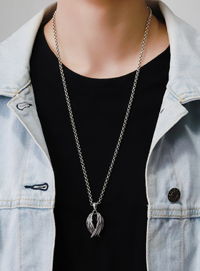 复古天使之翼项链n男女纯银翅膀吊坠个性做旧圆环链情侣银饰品