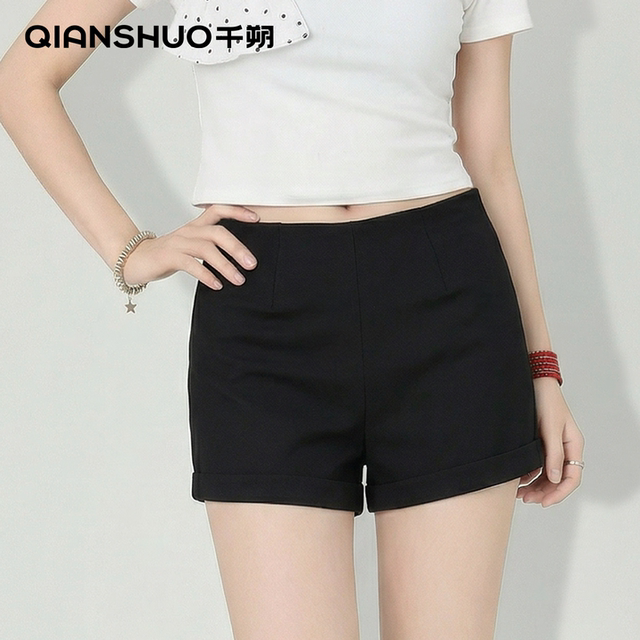 Qianshuo ກາງເກງຮ້ອນສີດໍາສໍາລັບແມ່ຍິງຮ້ອນນອກໃສ່ແອວສູງບາງ
