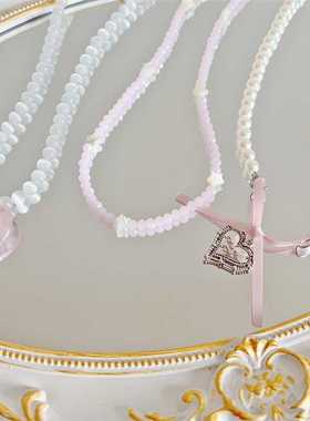 甜美五角星贝壳项链女小众水晶猫眼珍珠蝴蝶结串珠复古甜锁骨颈链