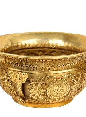 厚德居 黄铜款铜双龙开口聚宝盆摆件铜盆客厅玄关店铺开业礼品