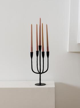 进口铝制黑色复古多头烛台摆件样板间酒店哑银元宝形带脚果盘装饰