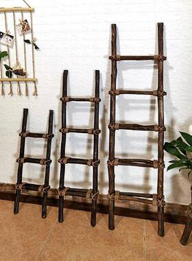 创意仿古麻绳天然实木梯子装饰品摆件原木风格民宿梯形书架衣帽架