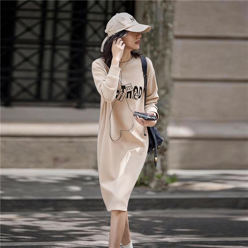 春秋新款中长款宽松显瘦长袖纯棉连衣裙女装韩版百搭字母印花裙子,淘宝优惠券,粉丝福利购,淘宝优惠卷