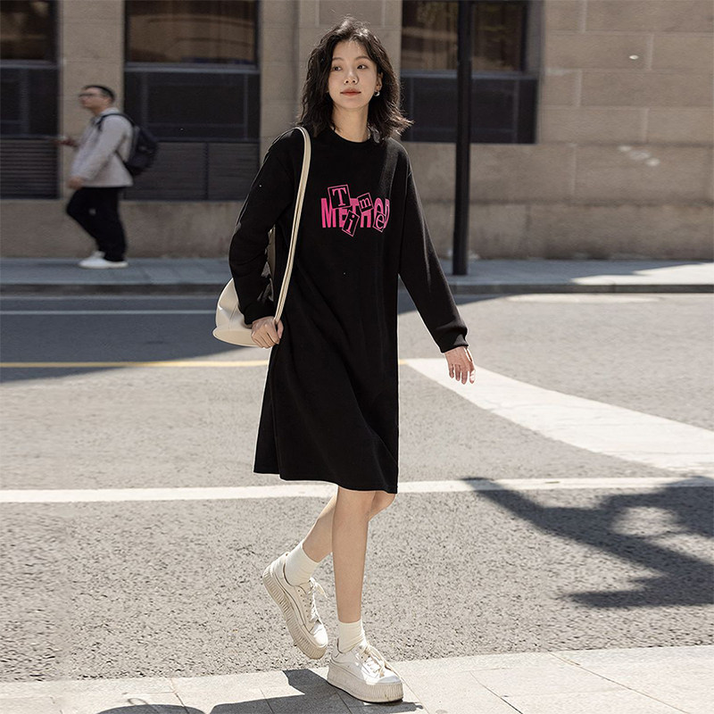 春秋新款中长款宽松显瘦长袖纯棉连衣裙女装韩版百搭字母印花裙子,淘宝优惠券,粉丝福利购,淘宝优惠卷