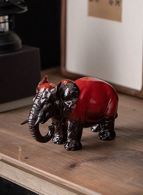 创意大象摆件一对红色陶瓷工艺品玄关招财办公室客厅酒柜