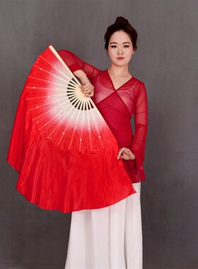 真丝舞蹈扇子双面胶州秧歌扇成人儿童大红渐变广场舞长丝绸扇