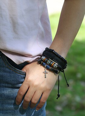 韩版时尚个性潮流新款男士套装手链复古简约编织牛皮手链DIY手绳