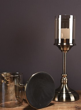 简约美式餐桌样板房软装饰品摆件新年烛光晚餐道具水晶金属蜡烛台