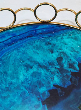 北欧风蓝色圆环托盘玛瑙纹玻璃托盘摆件样板房金属装饰品客厅餐桌