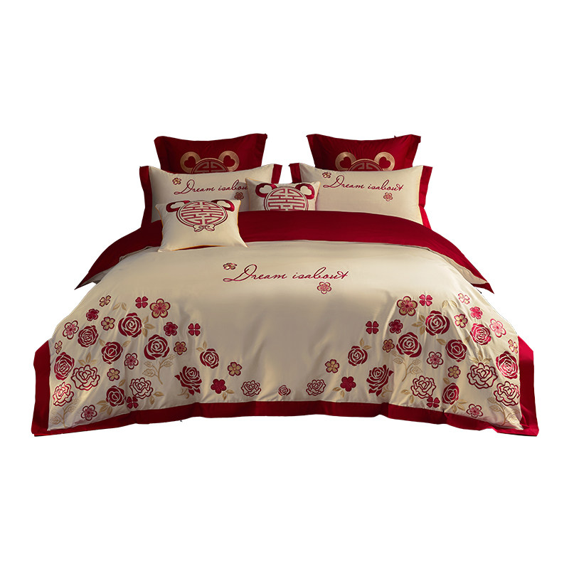 100支长绒棉婚庆四件套全棉结A婚礼大红色简约公主风床上用品4,淘宝优惠券,粉丝福利购,淘宝优惠卷