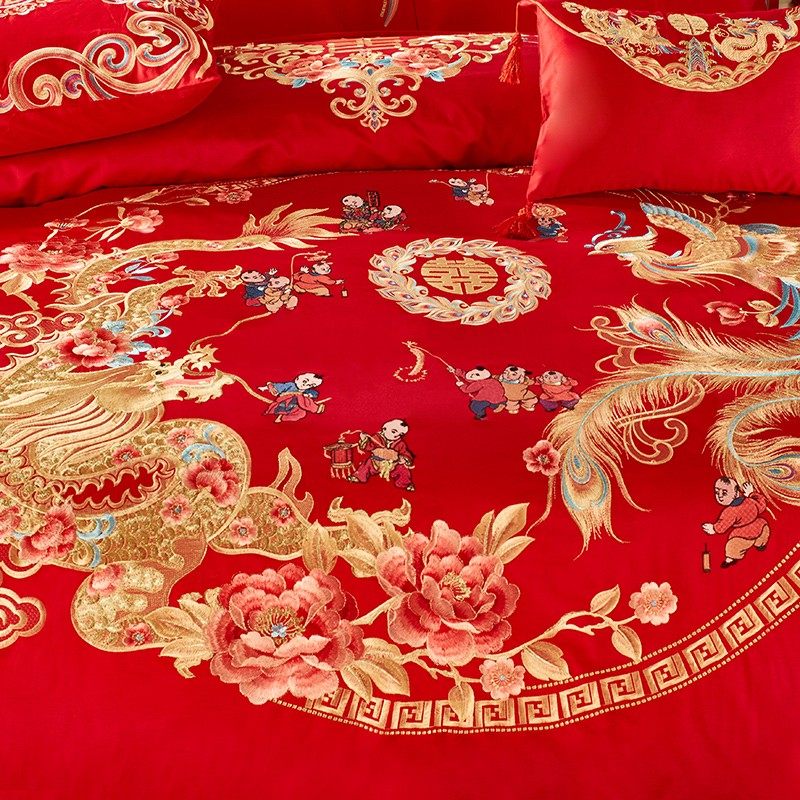 100支全棉婚庆四件套龙凤百子图结D婚喜J被子大红色床品六十多件,淘宝优惠券,粉丝福利购,淘宝优惠卷