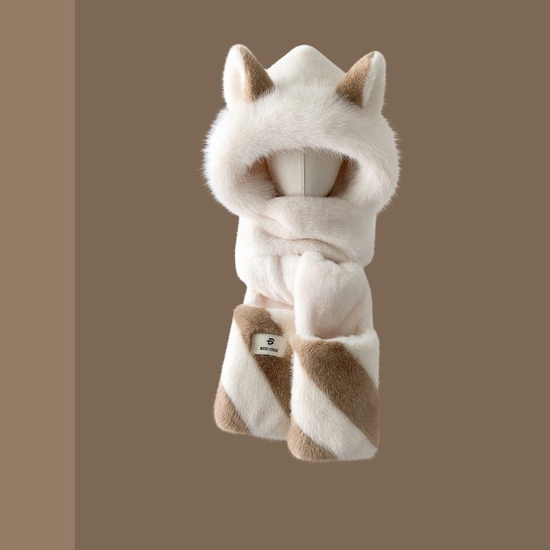 可爱狐狸耳朵毛绒帽子围巾手套一体三件套女冬季加厚保暖骑车防寒,淘宝优惠券,粉丝福利购,淘宝优惠卷