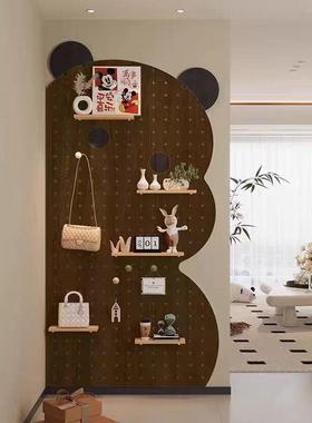 中古风实木洞洞板入户玄关墙上置物架挂板隔板墙面挂衣收纳架